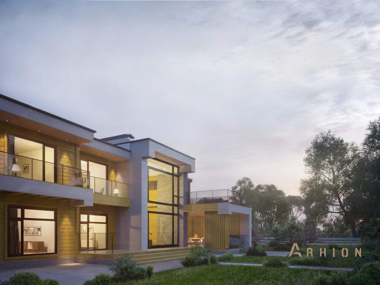 3. Проект двухэтажного дома в стиле хай-тек с плоской кровлей , rh-582, площадью - 582 кв c сауной, терассой, балконом, гаражом, вторым светом